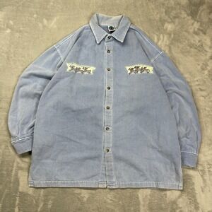 Vtg WEK Denim Shirt Mens S/M Blue Embroidered Horse Motifs Across Button-Up USA